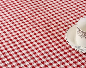 Detailaufnahme der rot-weißen Gingham-Tischdecke mit Kaffeetasse Textur