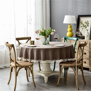 Brown round waterproof linen tablecloth with elegant white fringe tassels for dining decor