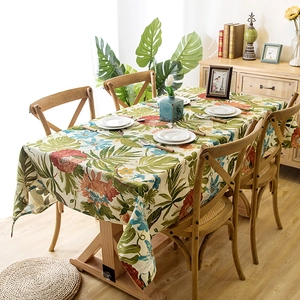 Thick cotton canvas tablecloth with tropical rainforest monstera and floral print pattern
