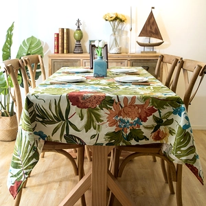 Thick cotton canvas tablecloth with tropical rainforest monstera and floral print