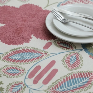 Detailed macro view of leaf and floral pattern on thick cotton canvas tablecloth