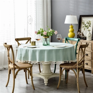 Waterproof light green round tablecloth with tassel fringe and natural cotton linen texture