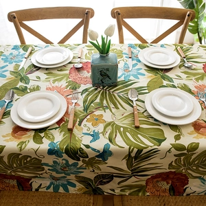 Thick cotton canvas tablecloth with tropical monstera leaf print for dining tables