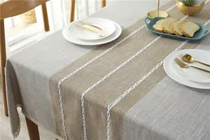 Close-up of Nordic tablecloth featuring wave embroidery and white lace floral border edges