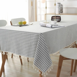 Japanese style striped polyester cotton tablecloth with tassel fringe for rectangle dining table