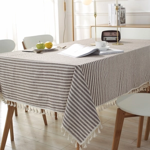 Japanese style striped rectangular tablecloth with white tassel edges in dark coffee and white