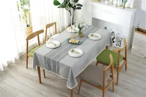 Close-up of grey linen texture tablecloth with white stripes and delicate lace borders
