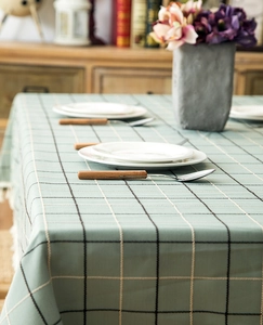 Detail of mint green plaid tablecloth with decorative white tassel fringe edge