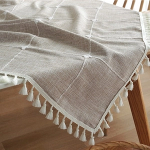 Nordic plaid table cloth with tassels, beige linen texture for rectangular dining tables