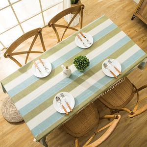 Waterproof linen-style striped tablecloth with white tassels for rectangular dining tables