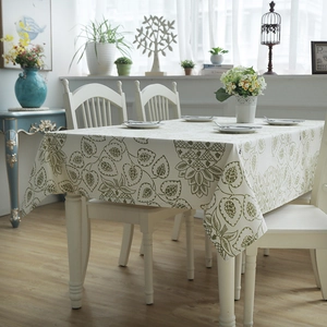 Close-up of green leaf pattern on heavy cotton canvas tablecloth for coffee tables