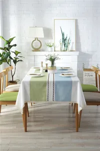 Detail view of lace border and geometric jacquard ribbon on cotton linen tablecloth