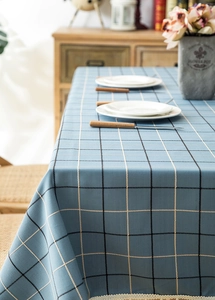 Detailed view of blue plaid tablecloth with elegant ivory lace trim and woven texture