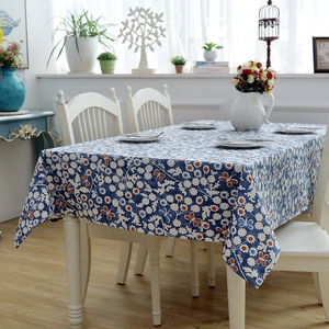 Modern cotton canvas tablecloth with blue floral pattern and butterfly print