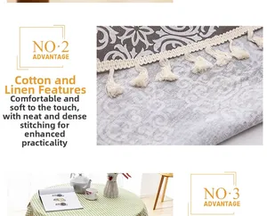 Detailed view of linen texture and white tassel edge on floral print tablecloth