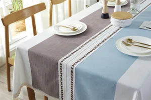 Detail of Nordic jacquard tablecloth featuring hollow embroidery lace and tassels