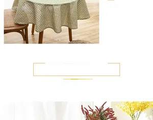 Detailed view of Nordic linen cotton round tablecloth with green plaid and tassels
