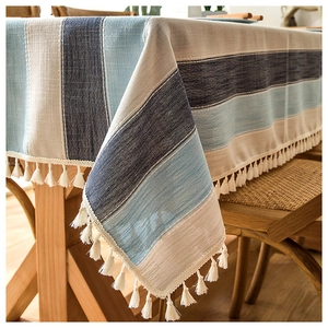 Nordic style waterproof linen-like striped tablecloth with tassel lace for dining tables