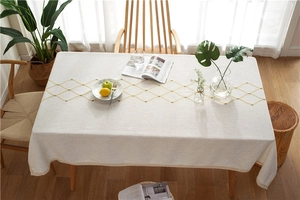 Detail of waterproof cotton linen tablecloth featuring yellow geometric embroidery and lace edge