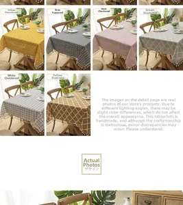 Detail view of modern Nordic tablecloths with geometric patterns and white cotton tassels