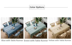 Detail of waterproof linen-style table runners with floral patterns in blue, green and yellow