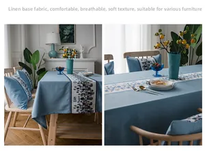 Detail of waterproof faux linen table runner with blue geometric stone pattern splicing