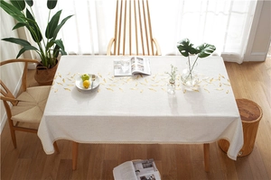 Close-up of leaf print pattern and knitted lace edge on waterproof linen tablecloth