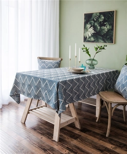 Detail of waterproof jacquard tablecloth with navy blue and white chevron pattern