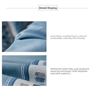 Detail of blue faux linen table runner showing yarn-dyed jacquard texture and fabric weave