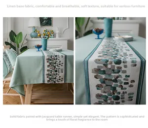 Detail of mint green linen table runner featuring yarn-dyed jacquard fabric texture