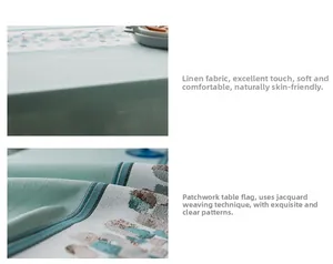 Close-up of waterproof faux linen table runner with green and beige geometric jacquard detail