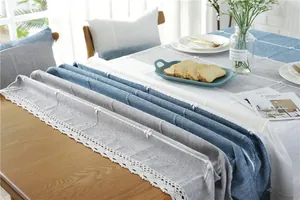 Close-up of Nordic thick cotton linen tablecloth with white lace edges and star stitching