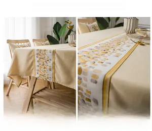 Close-up of waterproof faux linen table runner with stone pattern jacquard texture