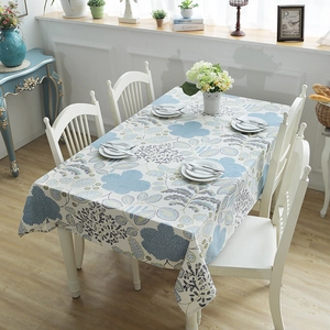 Modern cotton canvas tablecloth featuring elegant blue and green leaf floral patterns