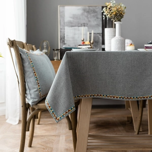 Modern Nordic Waterproof Rectangular Tablecloth With Geometric Floral Border Polyester Cotton Blend Dining Table Cover