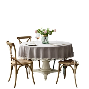 Waterproof light grey round tablecloth with elegant tassel fringe for dining tables