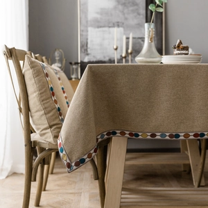Modern minimalist waterproof linen tablecloth with colorful pompom ribbon edges