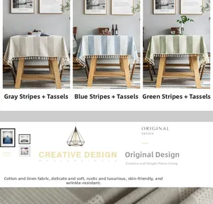 Macro view of Nordic cotton linen tablecloth fabric with tassel edges and striped pattern