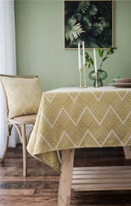 Detail of waterproof mustard yellow herringbone jacquard tablecloth with matching cushion