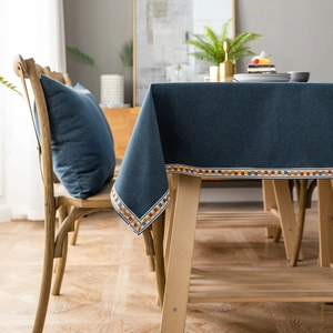 Modern navy blue cotton blend waterproof tablecloth with colorful geometric ribbon edges