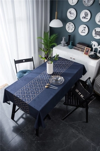 Close-up of luxury velvet tablecloth featuring navy blue fabric and gold geometric patterns