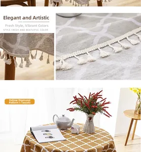 Detail of Nordic table cloth featuring geometric rhombic patterns and white cotton fringes