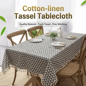 Modern Minimalist Tassel Tablecloth Polyester Cotton Blend Plaid Geometric Pattern Rectangular Desk Cover Home Decor