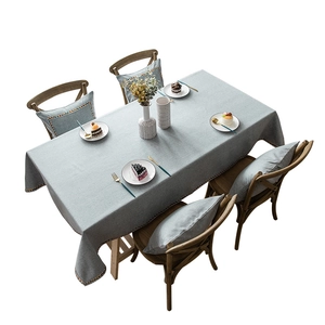 Light blue-grey polyester-cotton waterproof tablecloth with geometric embroidered lace trim