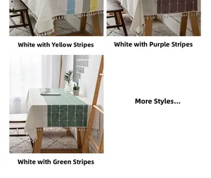 Detail of striped linen tablecloth styles with elegant white fringe tassel edge