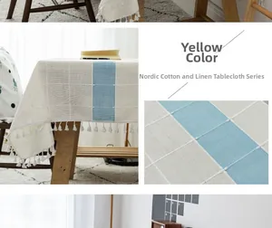 Detailed view of Nordic linen tablecloth featuring blue plaid pattern and white tassels