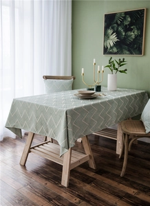 Detailed texture of waterproof sage green jacquard tablecloth with chevron pattern