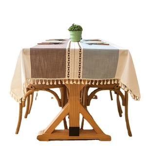 Nordic jacquard tablecloth with geometric arrow patterns and cream tassel ball trim