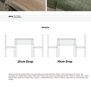 Size guide for Nordic tablecloth showing 25-30cm drop length and table dimensions