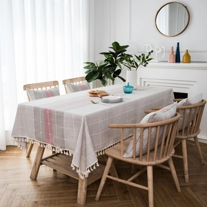 Nordic waterproof gray plaid table runner with pink stripes and white fringe tassels